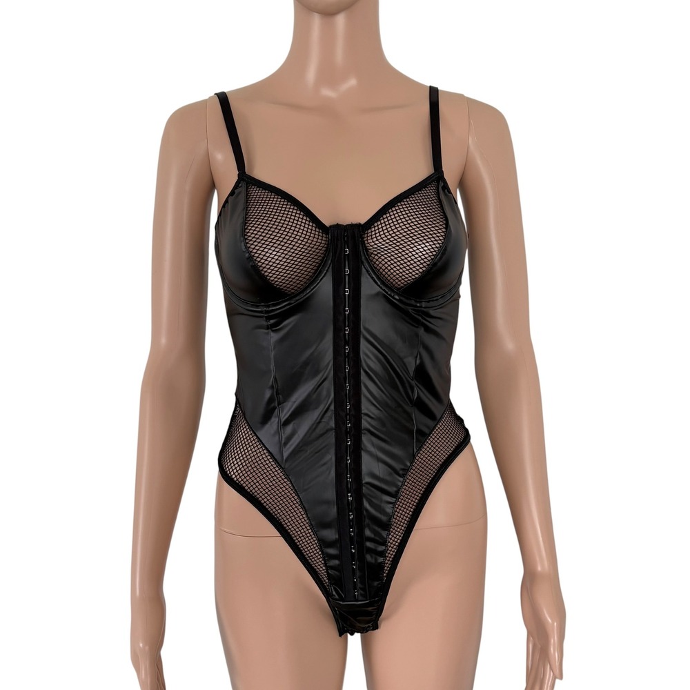 Dominatrix Concert Black Faux Leather Fishnet Mesh Bodysuit Front Snap S Goth
